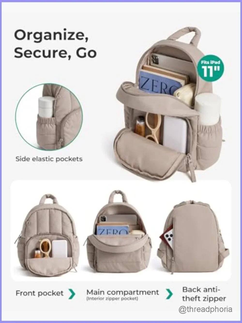 Mini Quilted Puffer Backpack, Lightweight Travel Daypack, Water-Resistant